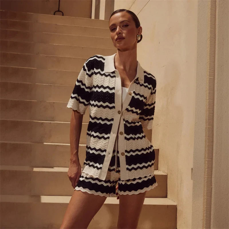 Ensemble Deux Pièces Femme Crochet Maille Ouverte – Rayé Cover-Up Plage