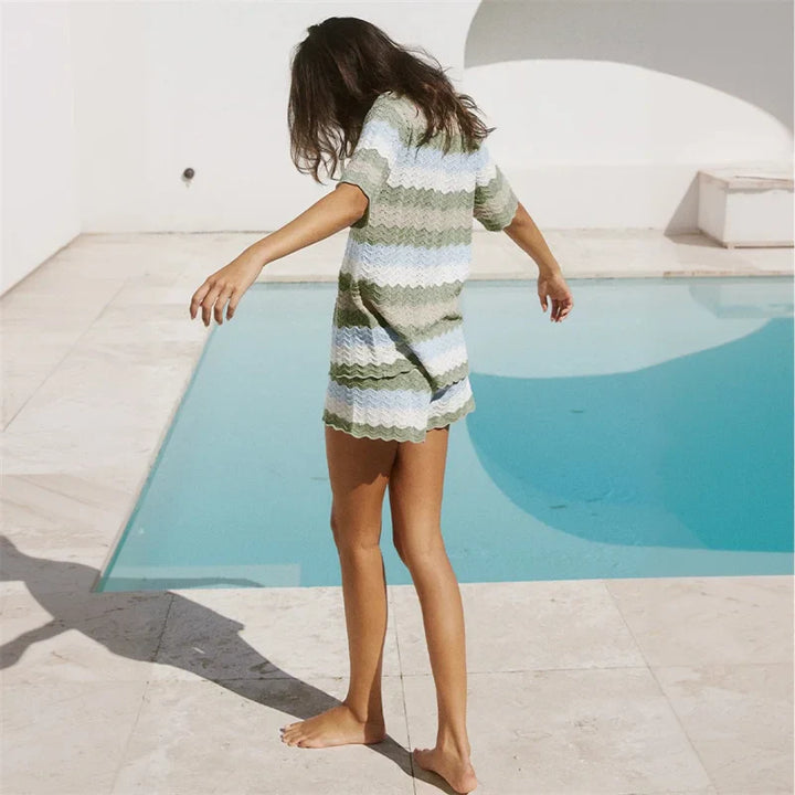 Ensemble Deux Pièces Femme Crochet Maille Ouverte – Rayé Cover-Up Plage