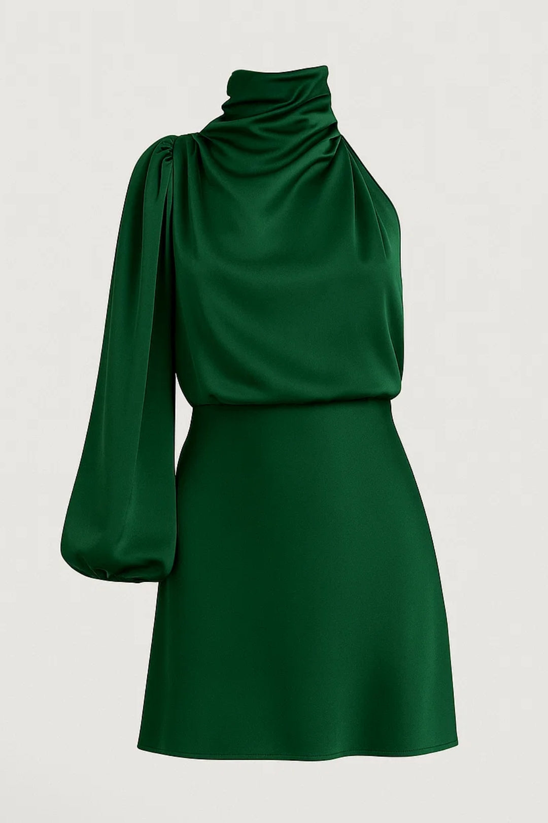 Damen Mini-Satin-Kleid mit einer Schulter – Drapiertes Oberteil, Eleganter Schnitt, Fließender Ärmel