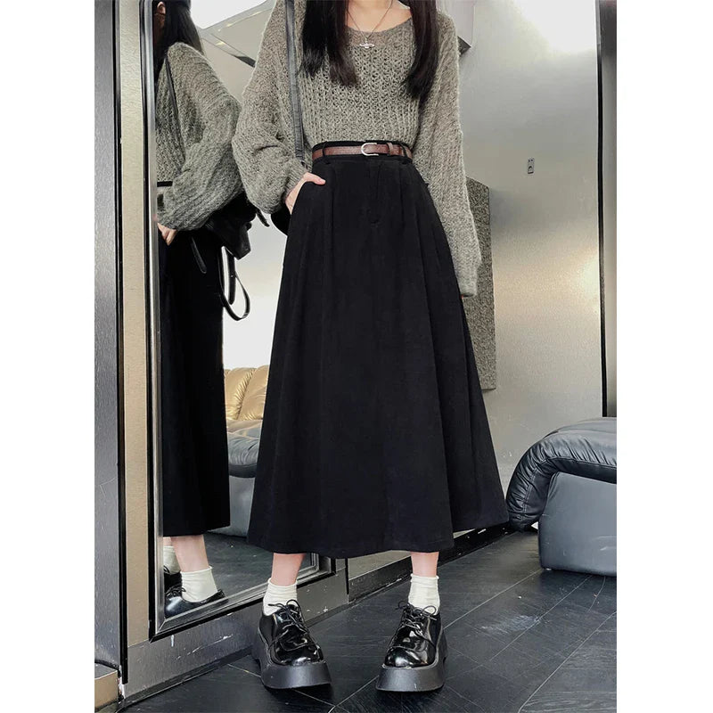 Midi-Rock für Damen mit hoher Taille – A-Linien-Schnitt mit Taschen
