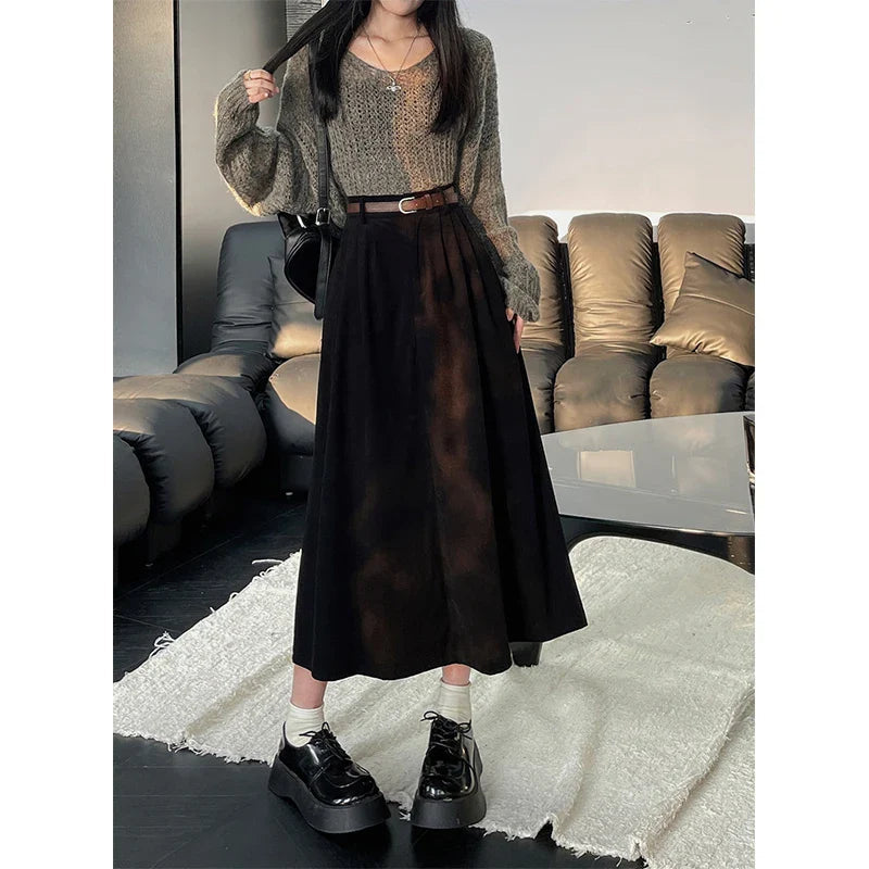 Midi-Rock für Damen mit hoher Taille – A-Linien-Schnitt mit Taschen