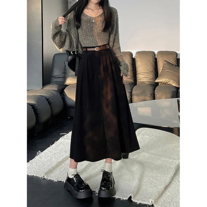 Midi-Rock für Damen mit hoher Taille – A-Linien-Schnitt mit Taschen