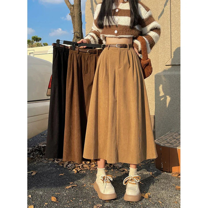 Midi-Rock für Damen mit hoher Taille – A-Linien-Schnitt mit Taschen