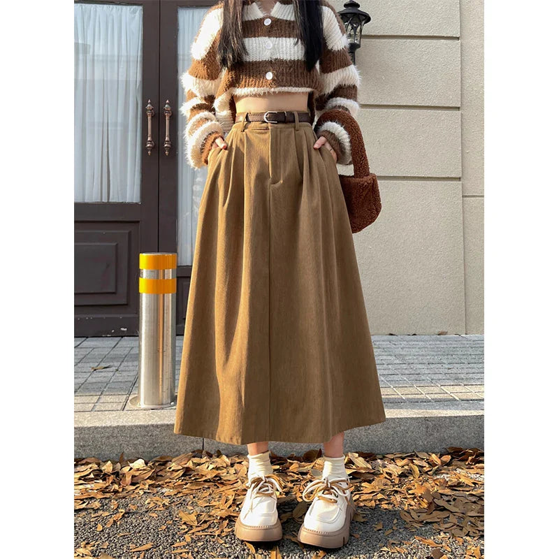 Midi-Rock für Damen mit hoher Taille – A-Linien-Schnitt mit Taschen