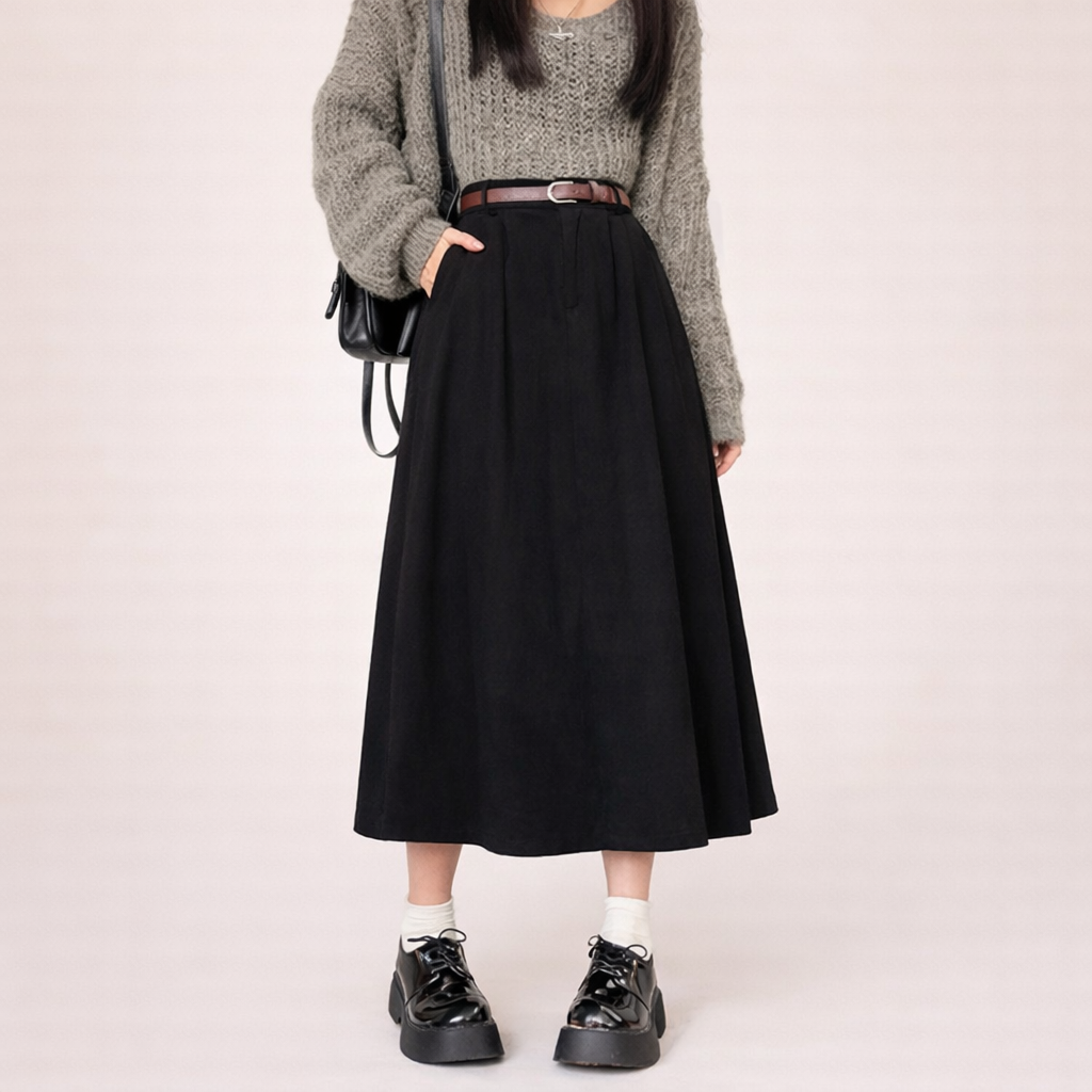 Midi-Rock für Damen mit hoher Taille – A-Linien-Schnitt mit Taschen