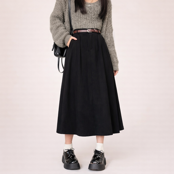 Midi-Rock für Damen mit hoher Taille – A-Linien-Schnitt mit Taschen