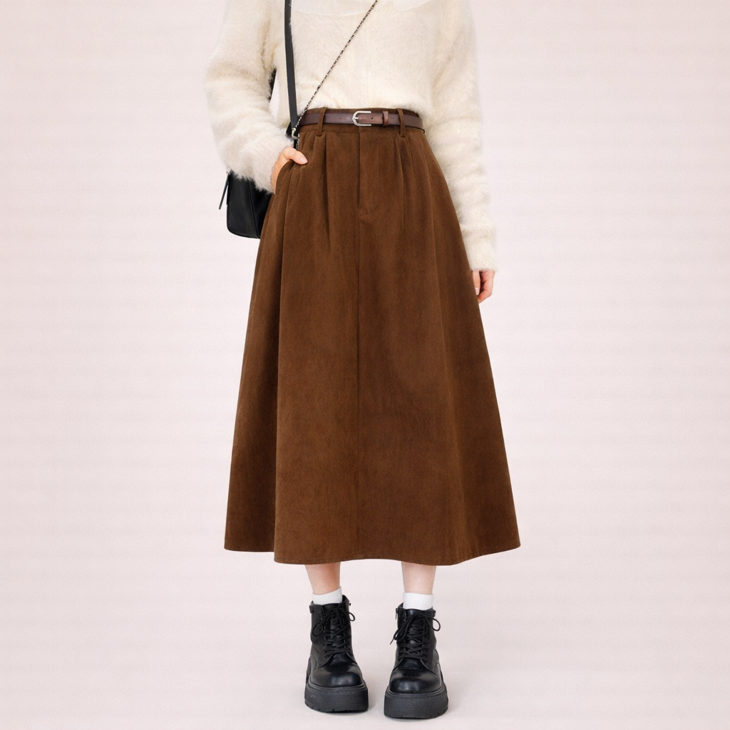 Midi-Rock für Damen mit hoher Taille – A-Linien-Schnitt mit Taschen