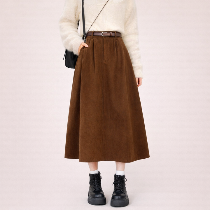 Midi-Rock für Damen mit hoher Taille – A-Linien-Schnitt mit Taschen