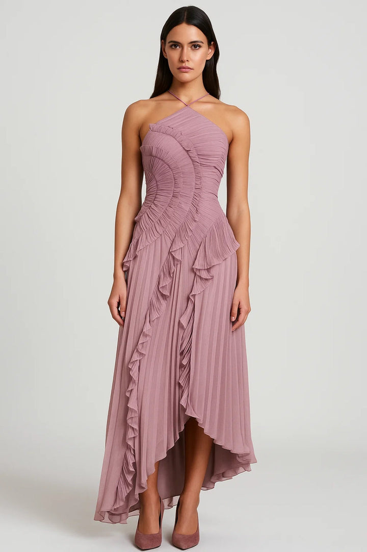 Abito lungo donna con collo halter – Tessuto plissettato fluido