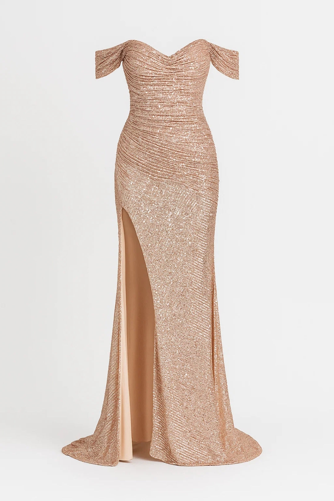Abito da sera donna con paillettes – spalle scoperte e spacco alto