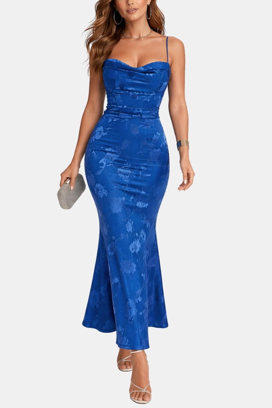 Women's Maxi Dress with Open Back – Thin Straps and Draped Neckline