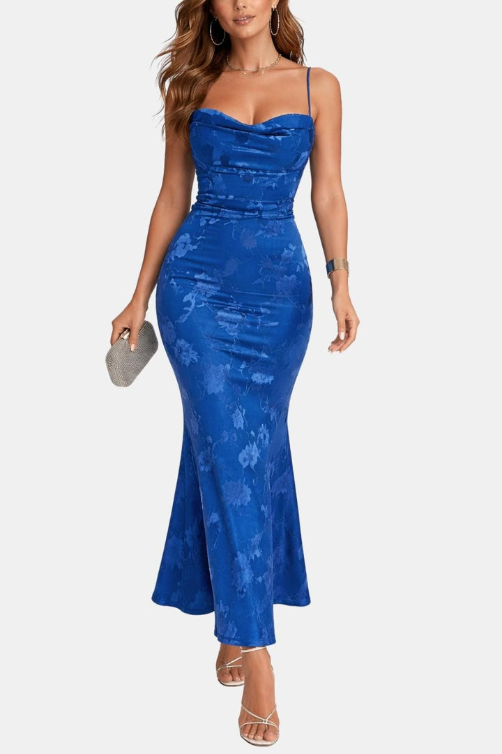 Women's Maxi Dress with Open Back – Thin Straps and Draped Neckline