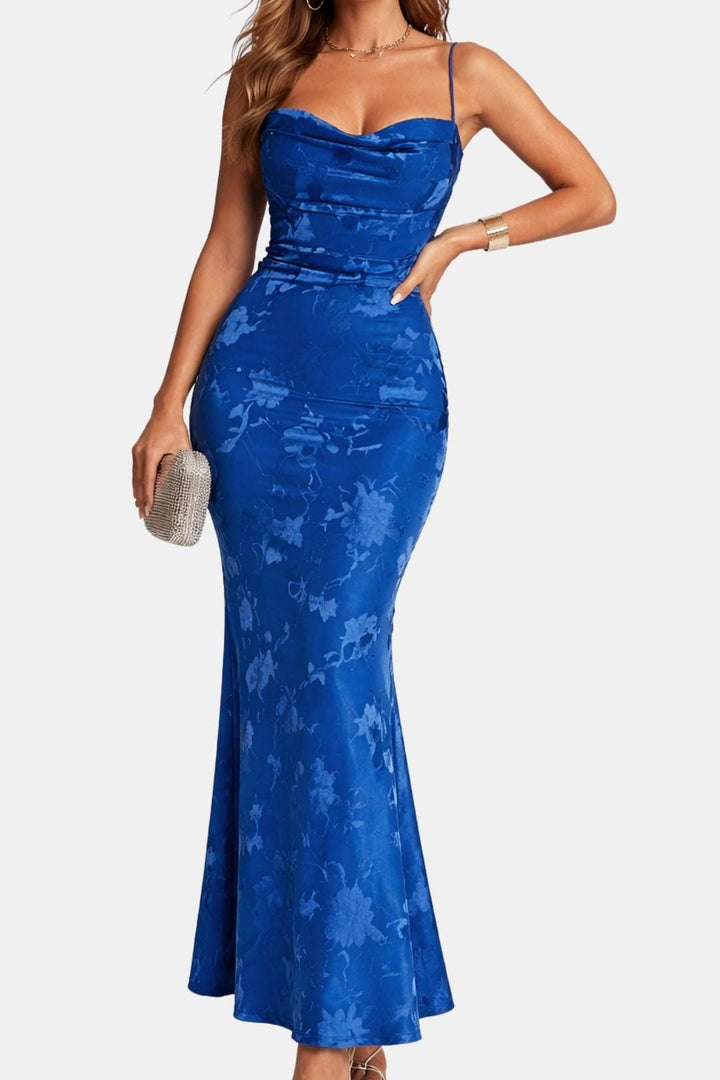 Women's Maxi Dress with Open Back – Thin Straps and Draped Neckline