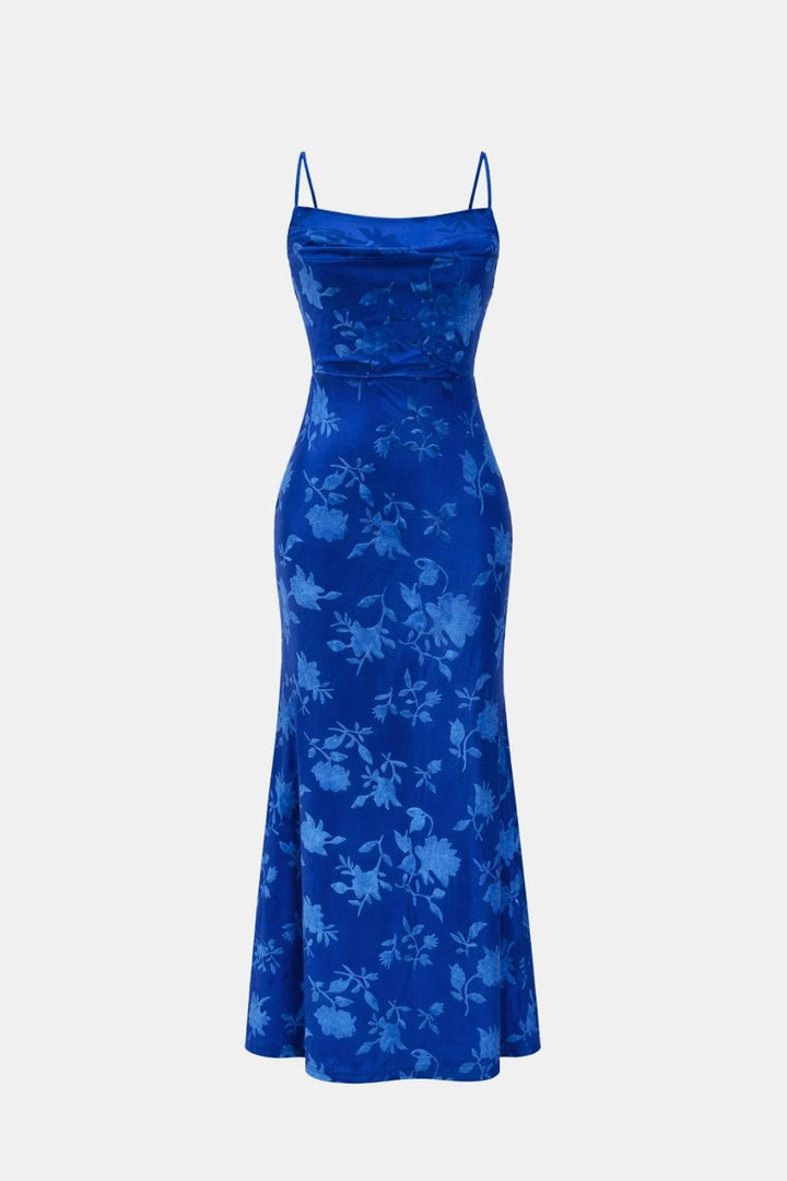 Women's Maxi Dress with Open Back – Thin Straps and Draped Neckline