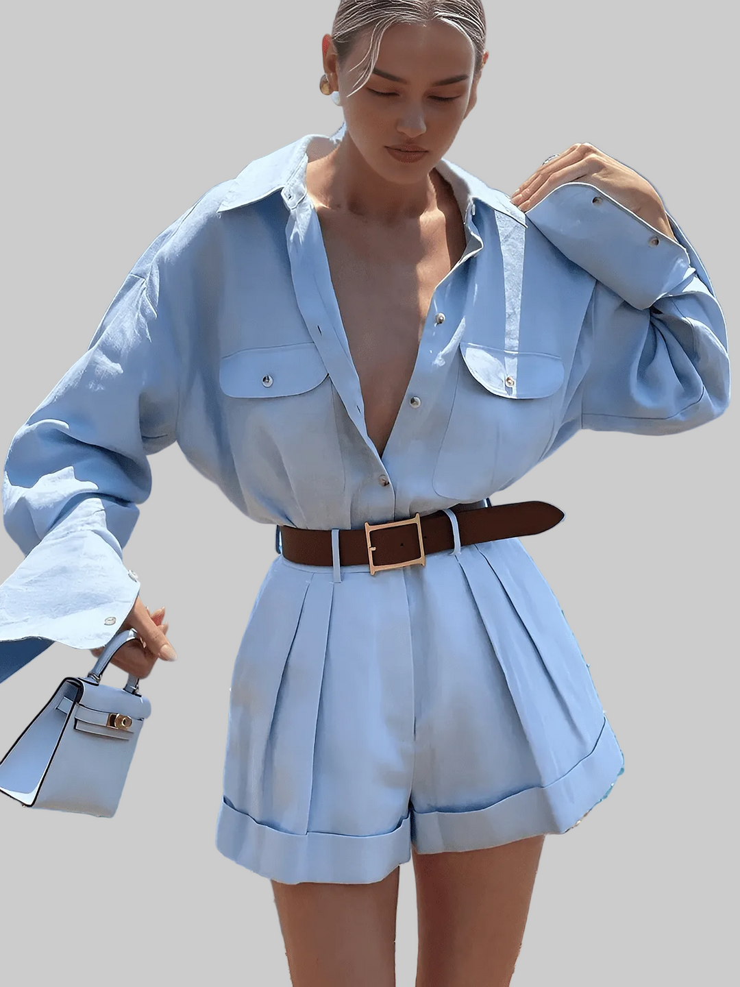 Zweiteiliges Damen-Set – Oversize-Hemd & Plissierte High-Waist-Shorts