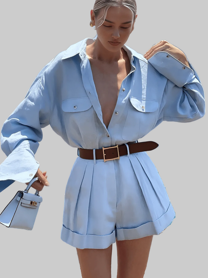 Zweiteiliges Damen-Set – Oversize-Hemd & Plissierte High-Waist-Shorts