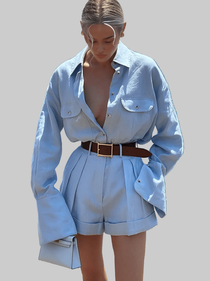 Zweiteiliges Damen-Set – Oversize-Hemd & Plissierte High-Waist-Shorts
