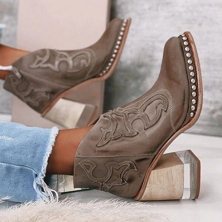 Bottine Femme Brodée Style Western – Talon Bloc Fermeture Éclair