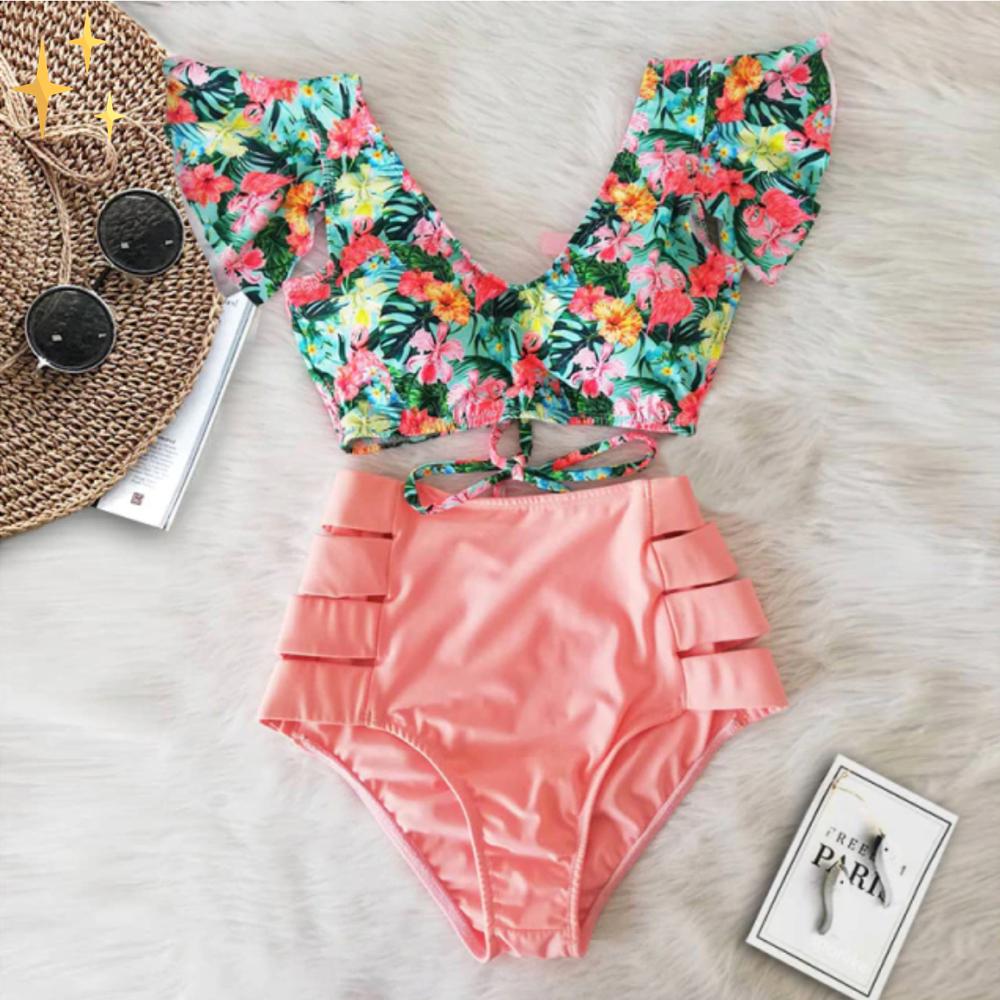 Damenbikini mit tropischem Muster – Oberteil mit Volants & hochgeschnittener Slip