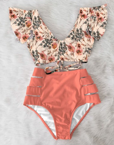 Damenbikini mit tropischem Muster – Oberteil mit Volants & hochgeschnittener Slip