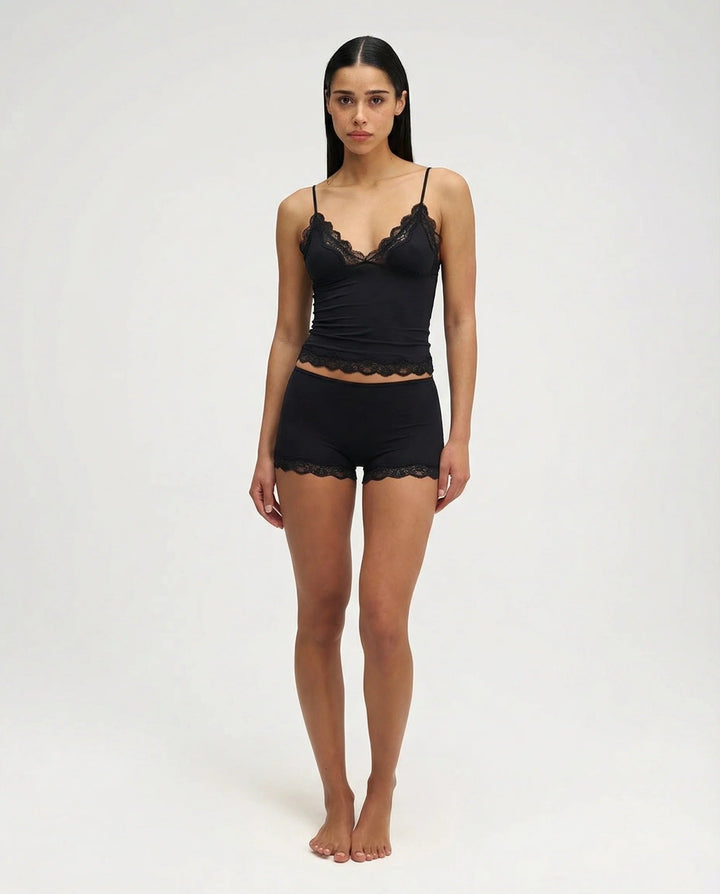 Damen-Nachthemd-Set mit Spaghettiträger-Top & Shorts – Weiches Spandex mit Spitzenbesatz
