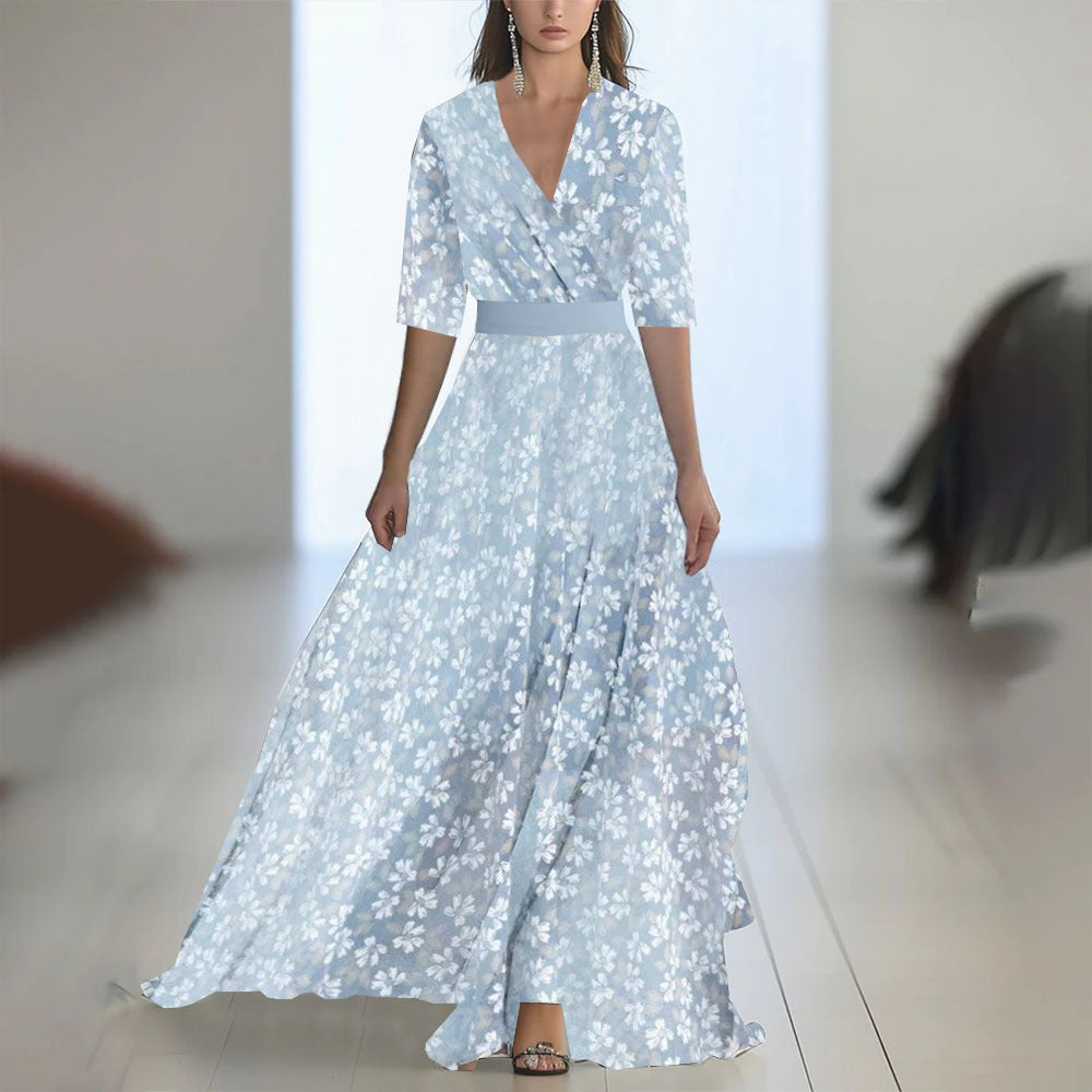 Damen Maxikleid mit Blumenmuster – V-Ausschnitt, taillierter Schnitt