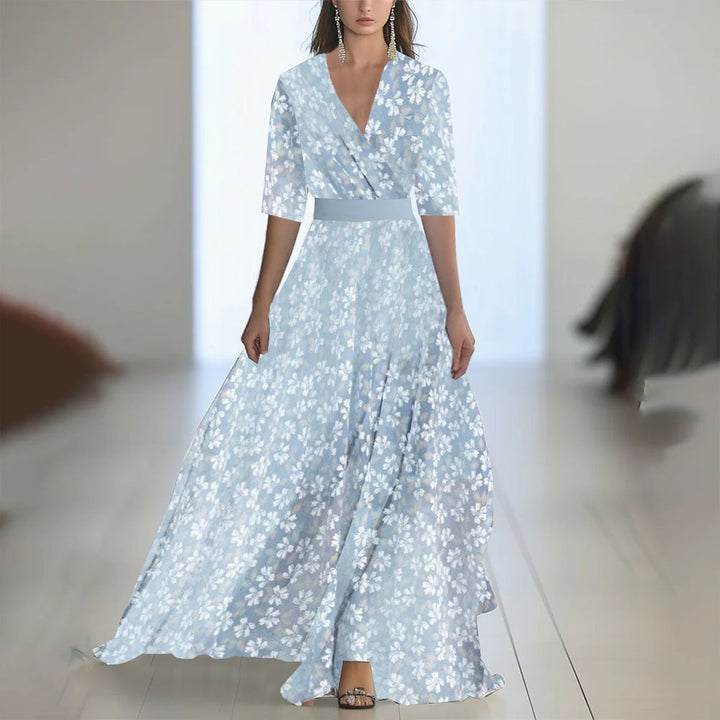 Damen Maxikleid mit Blumenmuster – V-Ausschnitt, taillierter Schnitt