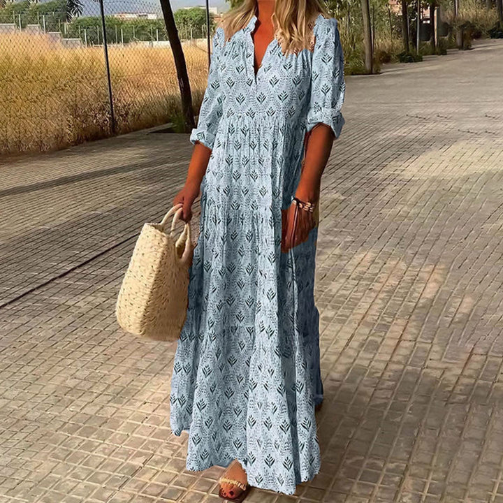 Langes Damenkleid im Boho-Stil mit V-Ausschnitt – Weite Passform, halblange Ärmel, leicht