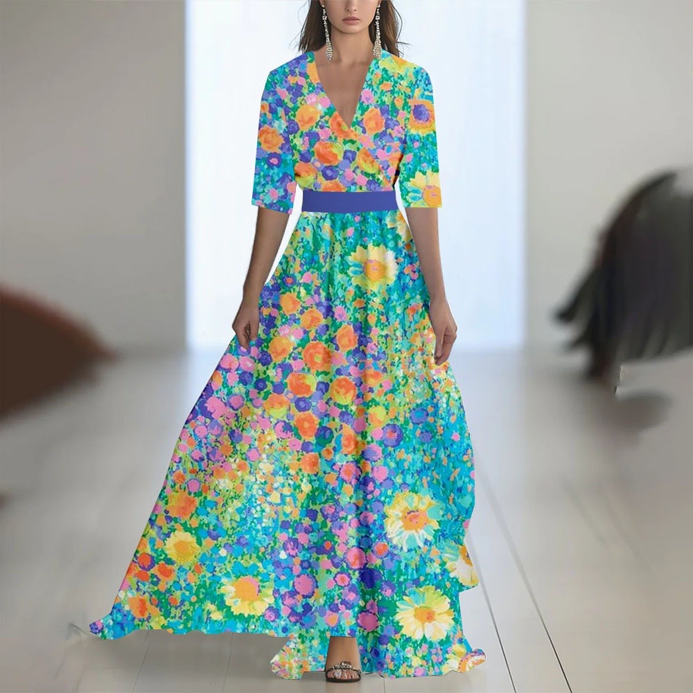 Damen Maxikleid mit Blumenmuster – V-Ausschnitt, taillierter Schnitt