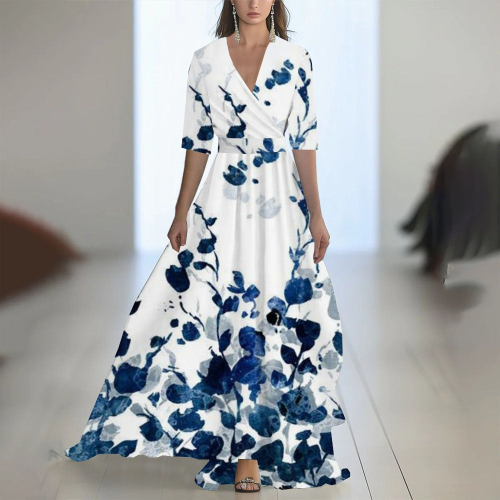 Damen Maxikleid mit Blumenmuster – V-Ausschnitt, taillierter Schnitt
