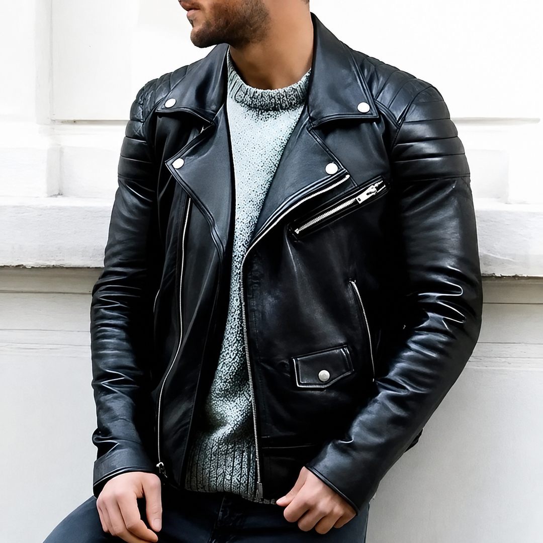 Herren-Bikerjacke in Lederoptik – Stehkragen, Reißverschluss, lässiger Schnitt