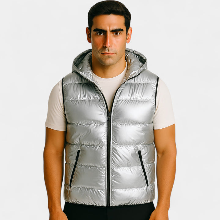 Gilet smanicato con cappuccio uomo cotone lucido – Piumino elegante