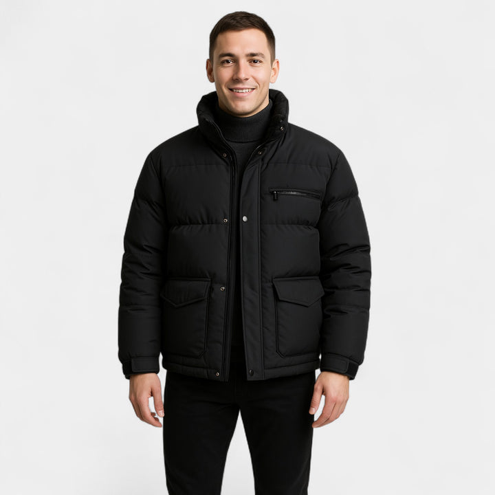 Herren-Daunenjacke mit Stehkragen aus Baumwollmischung – raffiniert, warm, technische Passform