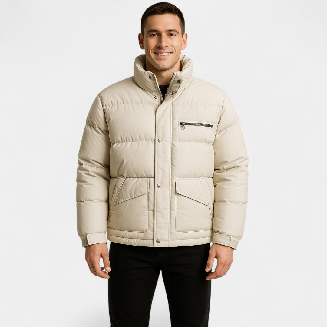Herren-Daunenjacke mit Stehkragen aus Baumwollmischung – raffiniert, warm, technische Passform