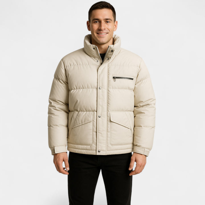 Herren-Daunenjacke mit Stehkragen aus Baumwollmischung – raffiniert, warm, technische Passform