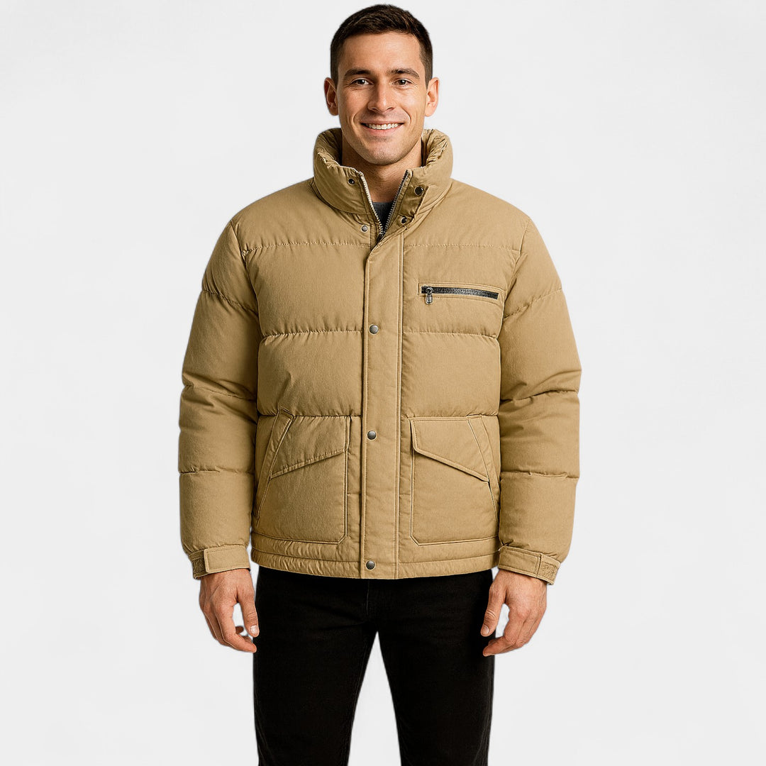 Herren-Daunenjacke mit Stehkragen aus Baumwollmischung – raffiniert, warm, technische Passform