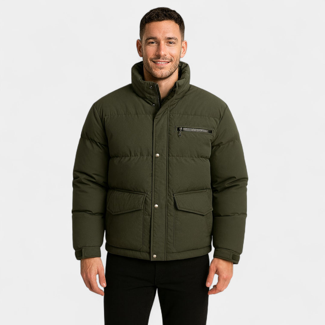Herren-Daunenjacke mit Stehkragen aus Baumwollmischung – raffiniert, warm, technische Passform