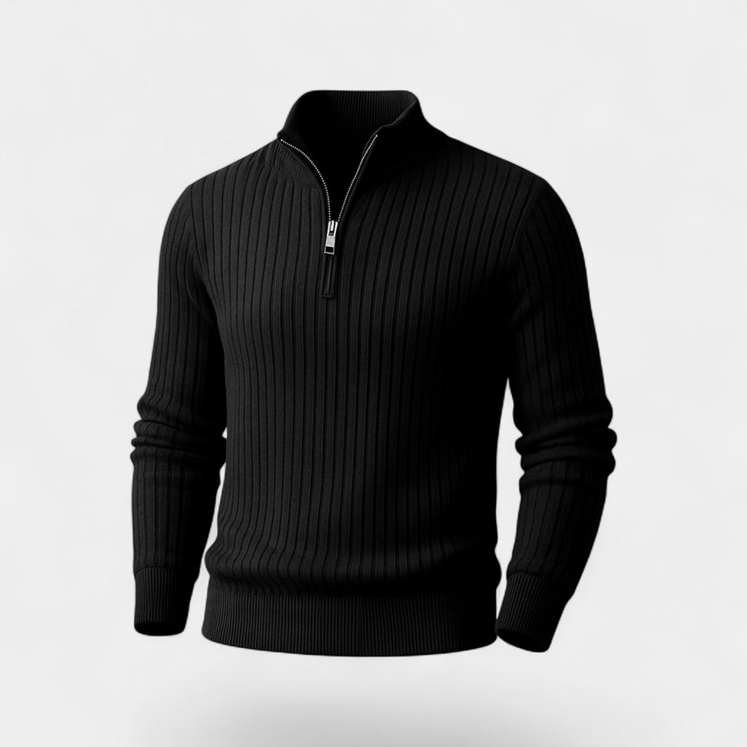 Maglione uomo con zip a un quarto in maglia a righe – raffinato, aderente, silhouette quotidiana