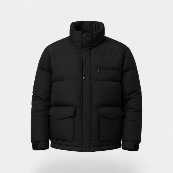 Herren-Daunenjacke mit Stehkragen aus Baumwollmischung – raffiniert, warm, technische Passform