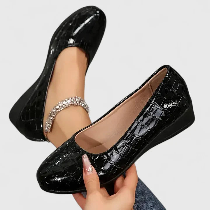 Damen Orthopädische Ballerinas aus Leder mit Krokodilprägung – Einfaches Hineinschlüpfen Rundspitze Flach