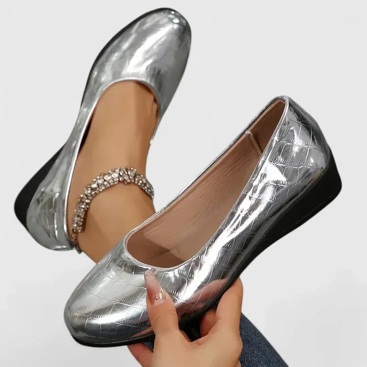 Damen Orthopädische Ballerinas aus Leder mit Krokodilprägung – Einfaches Hineinschlüpfen Rundspitze Flach