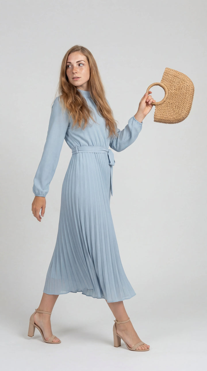 Damen Midikleid mit Falten – Bindegürtel, Stehkragen, Lange Ärmel
