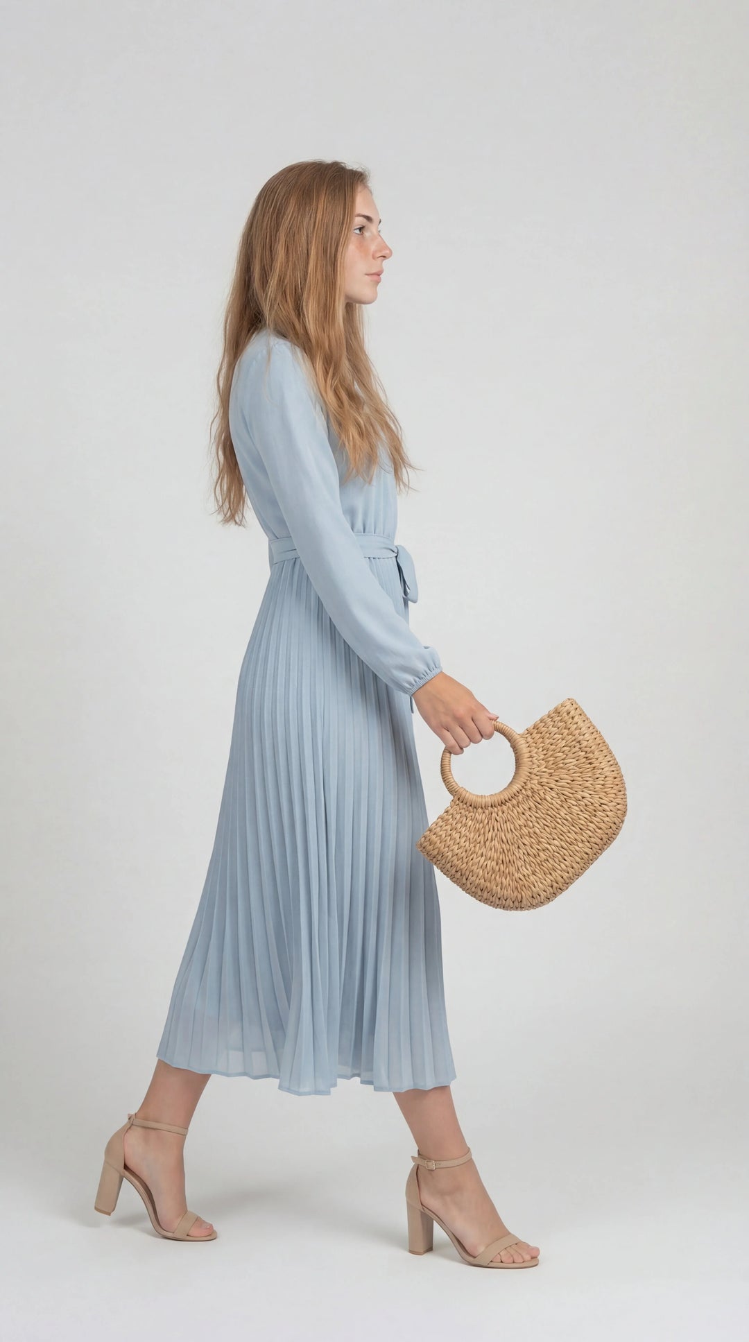 Damen Midikleid mit Falten – Bindegürtel, Stehkragen, Lange Ärmel