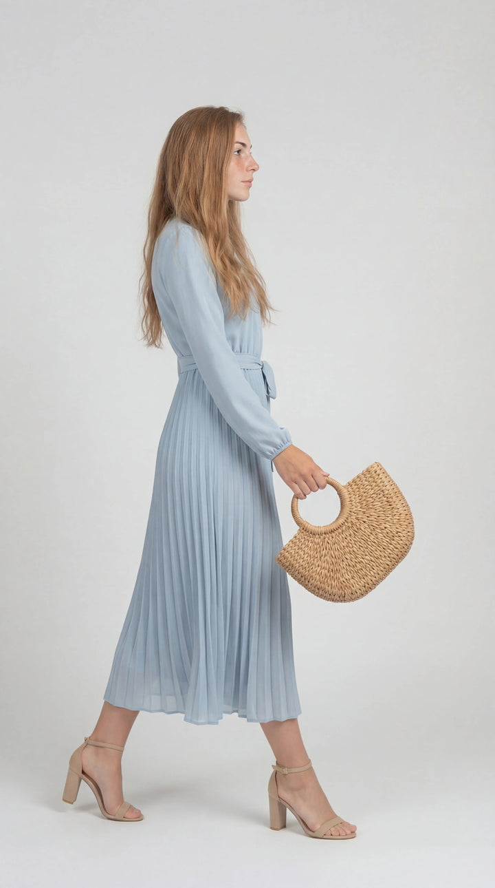 Damen Midikleid mit Falten – Bindegürtel, Stehkragen, Lange Ärmel