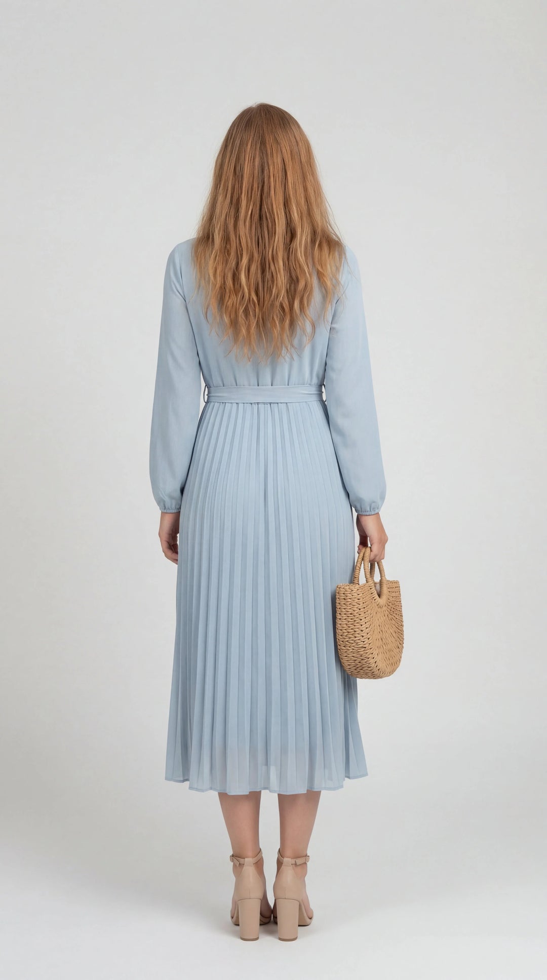 Damen Midikleid mit Falten – Bindegürtel, Stehkragen, Lange Ärmel