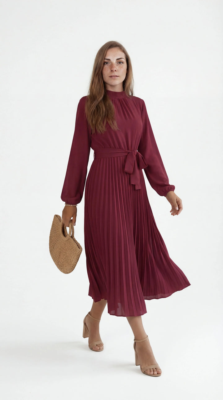 Damen Midikleid mit Falten – Bindegürtel, Stehkragen, Lange Ärmel