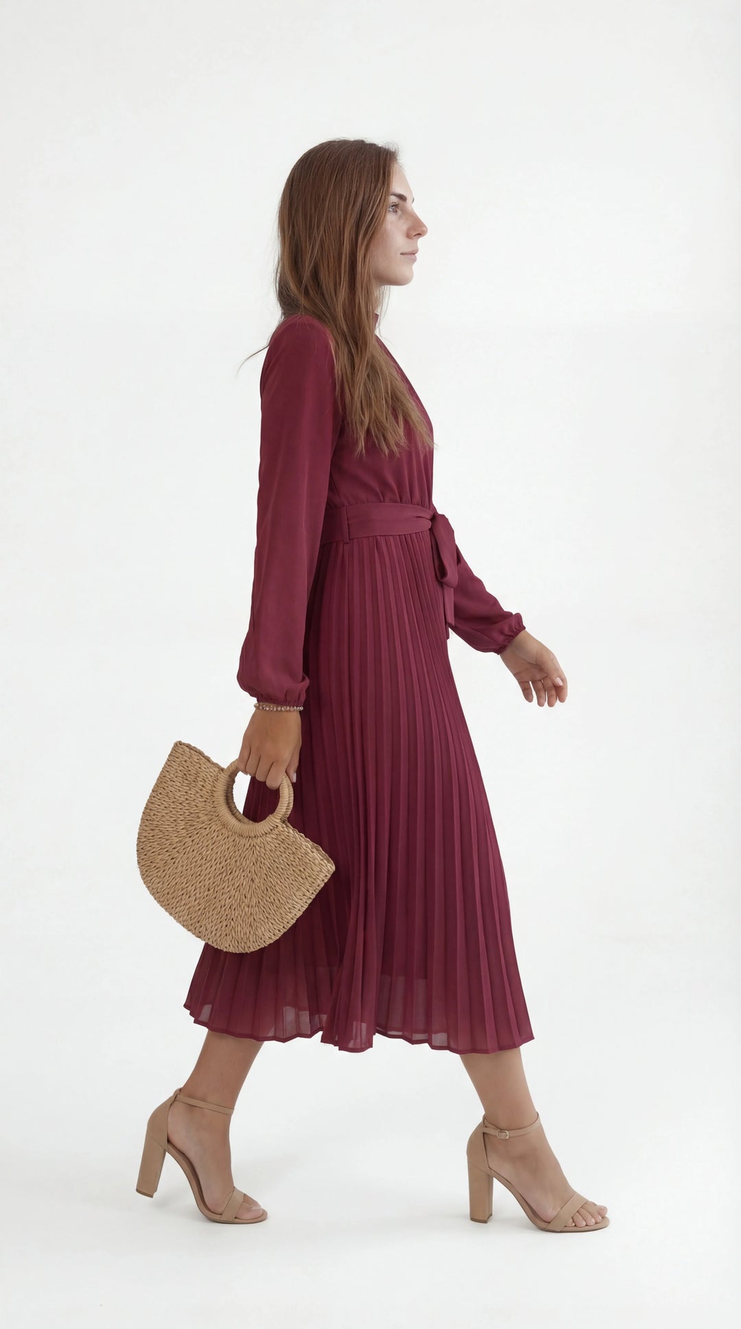 Damen Midikleid mit Falten – Bindegürtel, Stehkragen, Lange Ärmel