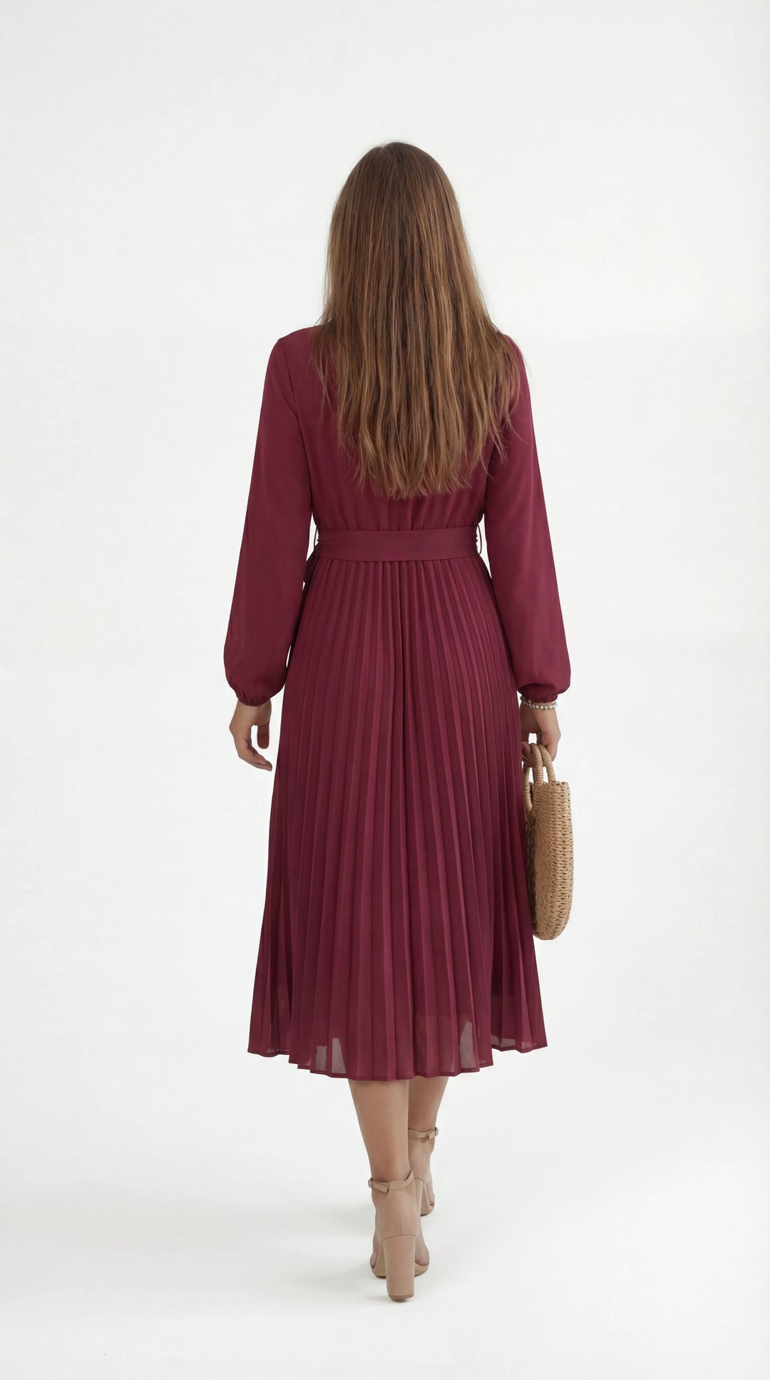 Damen Midikleid mit Falten – Bindegürtel, Stehkragen, Lange Ärmel