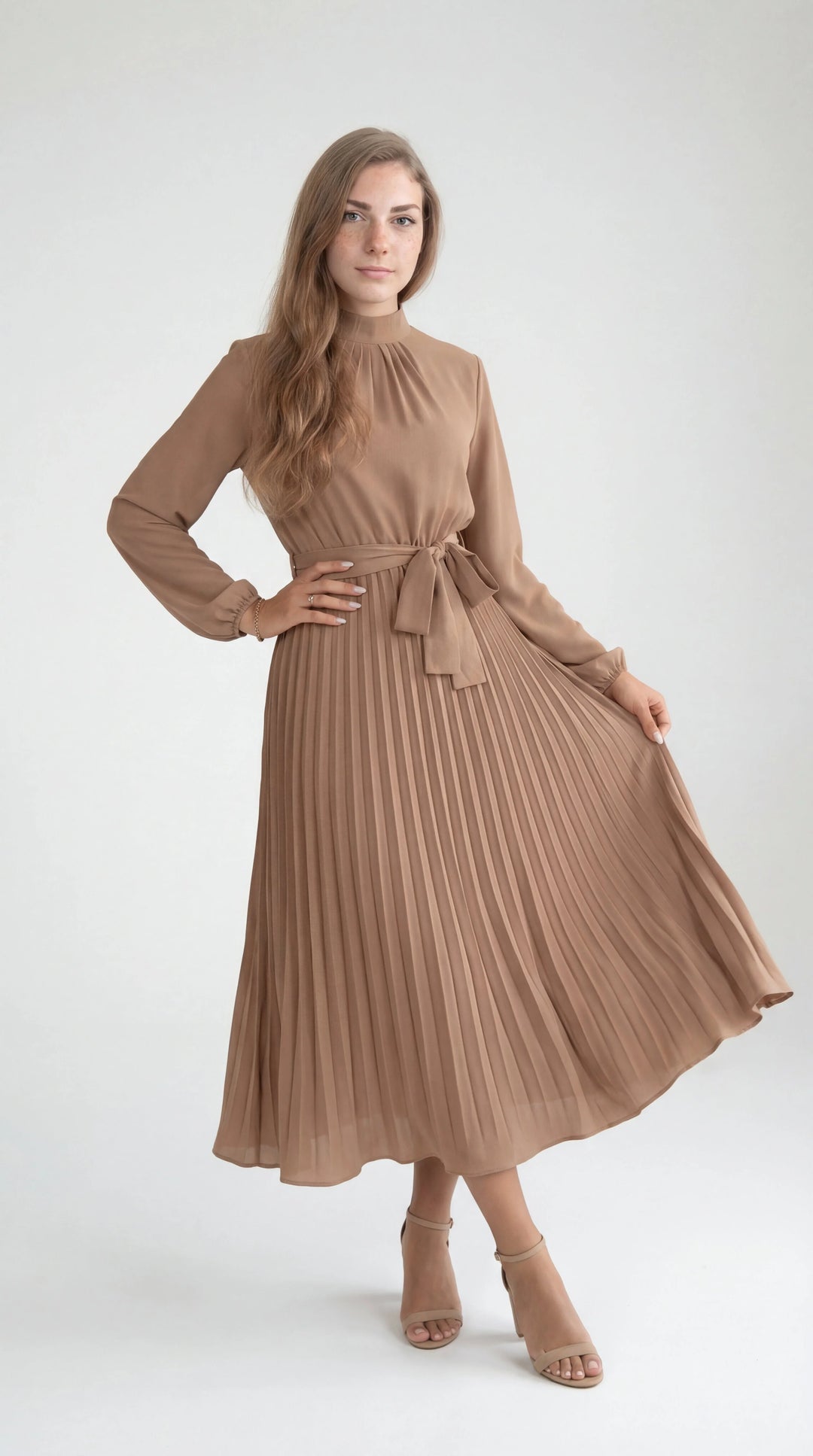 Damen Midikleid mit Falten – Bindegürtel, Stehkragen, Lange Ärmel