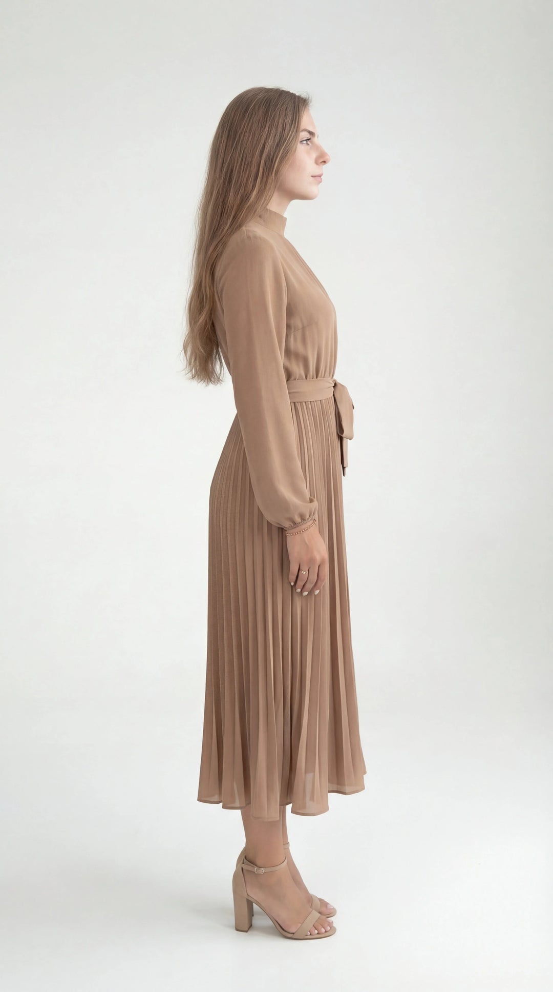 Damen Midikleid mit Falten – Bindegürtel, Stehkragen, Lange Ärmel